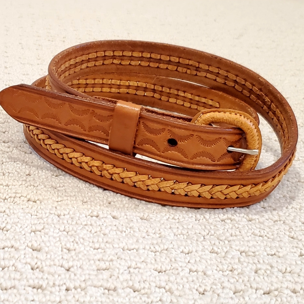 Vintage Aztec Handtooled, Laced Woven Leather Belt, Saddle Br, Med. Never Worn!